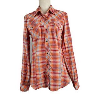 Roper Snap Up Western Shirt Women's M Orange Red Blue Plaid Cowgirl Ranch Wear